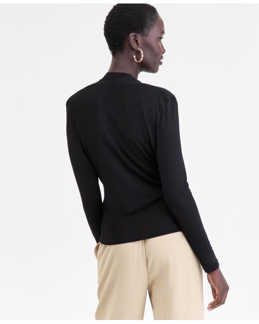 INC International Concepts Black Printed Mesh Surplice-neck Top