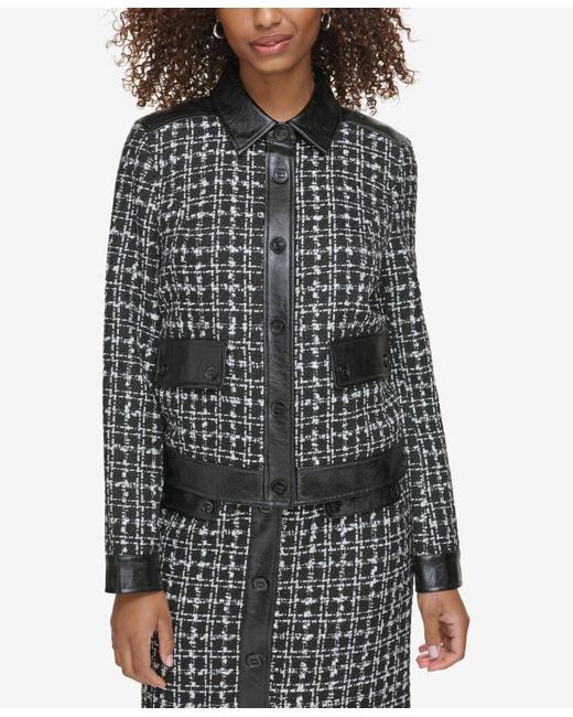 Karl Lagerfeld Plaid Tweed Cropped Jacket in Black