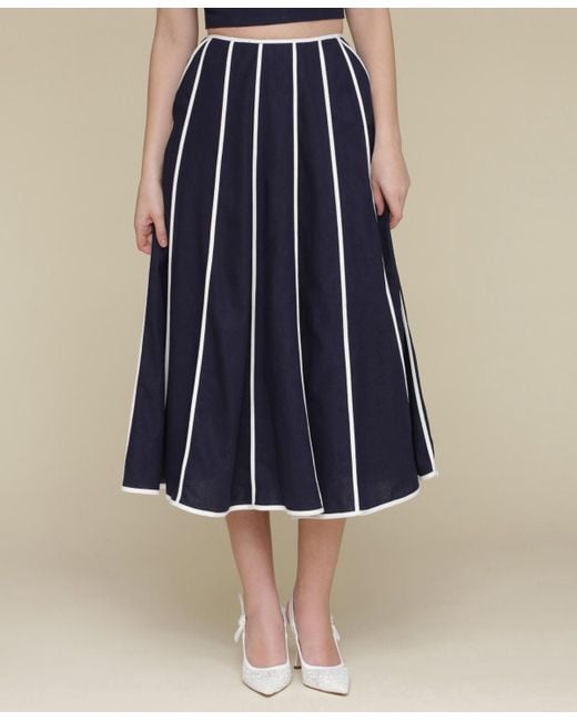 Avec Les Filles Blue Contrast-trim Linen-blend Midi Skirt