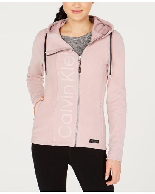Calvin Klein Performance Asymmetrical-zip Logo Hooded Fleece Jacket in Pink  | Lyst