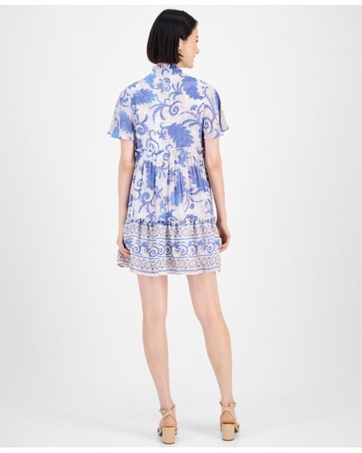 Sandra Darren Blue Printed Short-sleeve Shift Dress
