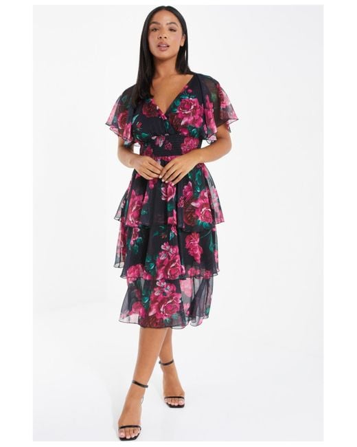 Quiz Floral Printed Chiffon Glitter Tiered Midi Dress Lyst
