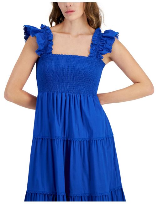 Anne Klein Blue Smocked Ruffle-sleeve Tiered Dress
