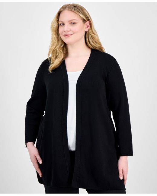 Anne Klein Black Plus Size Open-front Long-sleeve Side-slit Cardigan