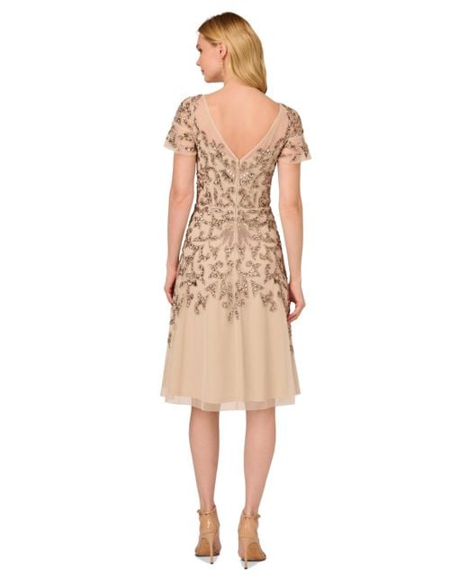 Adrianna Papell Natural Embellished Flutter-sleeve Dress