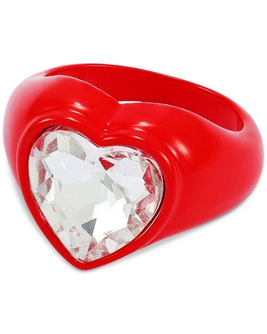 Guess Red Silver-tone Crystal Heart-shape Accent Ring
