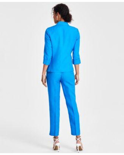 Kasper Blue Notched Collar 3 4 Sleeve Jacket Printed Knot Front Blouse Mid Rise Straight Leg Ankle Pants