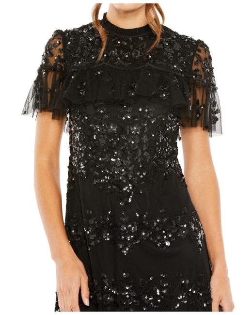 Mac Duggal Black Sequined High Neck Ruffled Flutter Sleeve Midi Dress