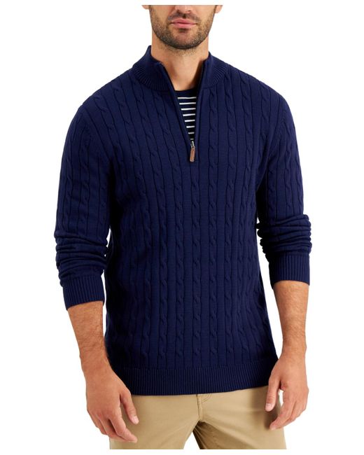 Club Room Blue Cable Knit Quarter-zip Cotton Sweater for men