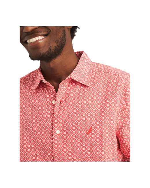 Nautica Pink Geo Pattern Short Sleeve Linen-blend Shirt for men