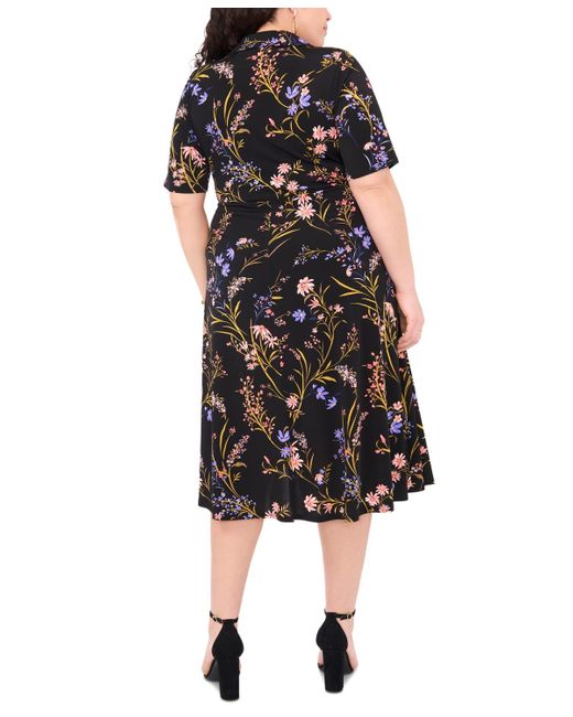Msk Black Plus Size Floral-print Wrap Midi Dress