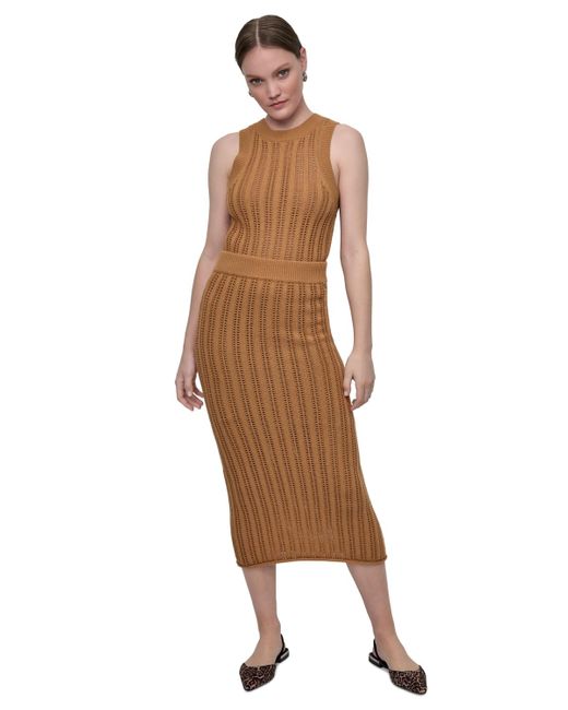 DKNY Natural Crewneck Cable Pointelle Stitch Sleeveless Sweater Midi Skirt