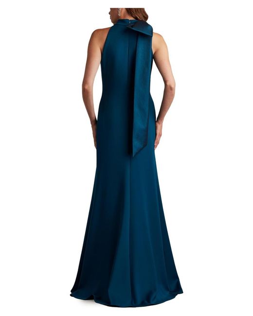 Tadashi Shoji Blue Sims Taffeta Shoulder Bow Halter Gown