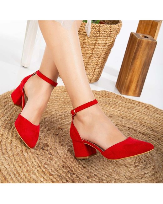 Forever & Always Shoes Red Marcelle Low Block Heel Pumps