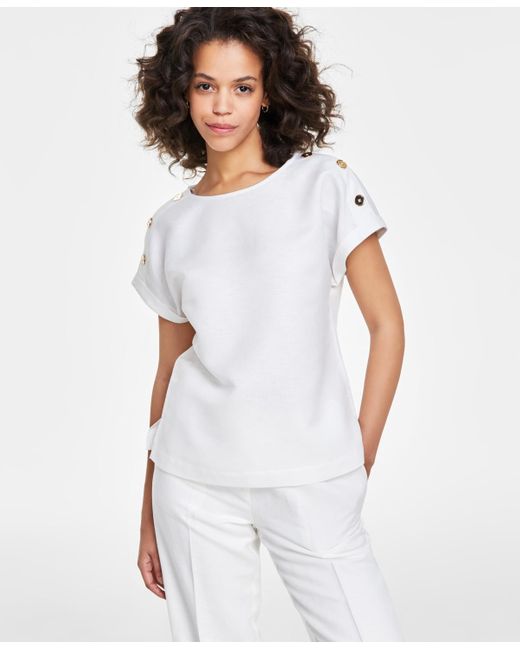 Anne Klein White Button-shoulder Short-sleeve Top