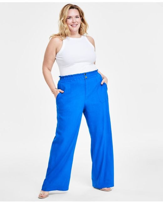 INC International Concepts Blue Plus Size Linen-blend Wide-leg Pants