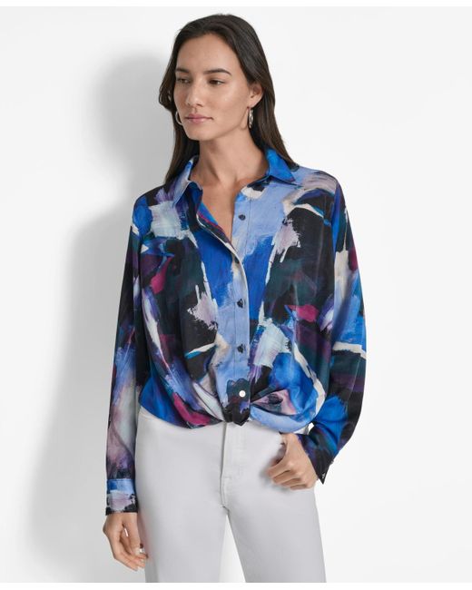 DKNY Blue Printed Long-sleeve Twist-front Blouse