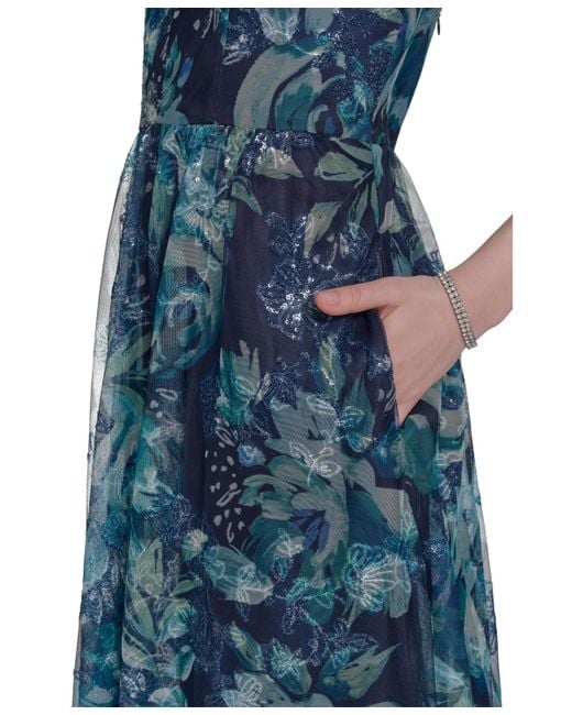Eliza J Blue Embroidered Sequined Sleeveless Ball Gown
