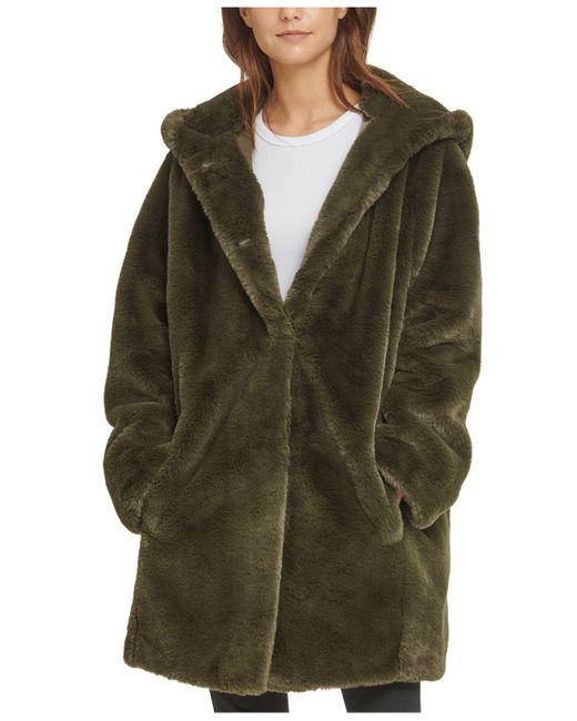 DKNY Green Hooded Faux-fur Coat