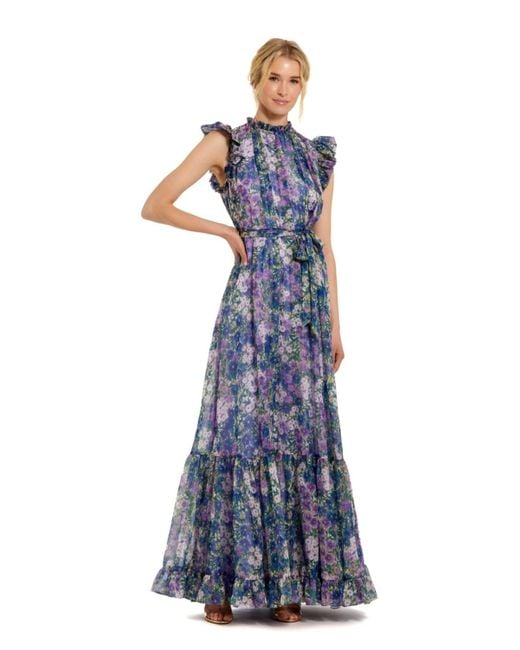 Mac Duggal Blue Printed Chiffon Ruffle Sleeve Gown With Bow Belt