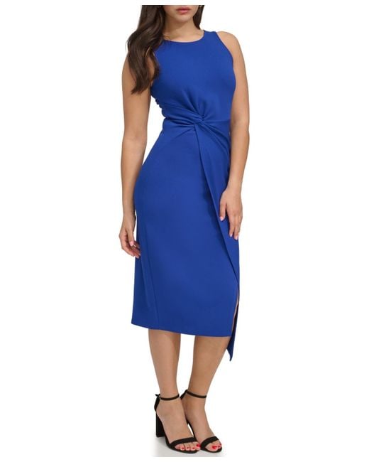 Siena Jewelry Blue Ruched Side-twist Sleeveless Midi Dress