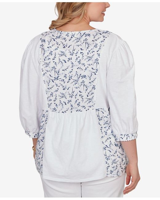 Ruby Rd White Plus Size Mixed Fabric Sharkbite Knit Top