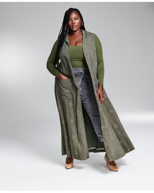 Bar Iii Green Googoo Atkins Trendy Plus Size Hoodie Duster Vest, Long-sleeve Bodysuit & Harem Pants, Created For Macy's