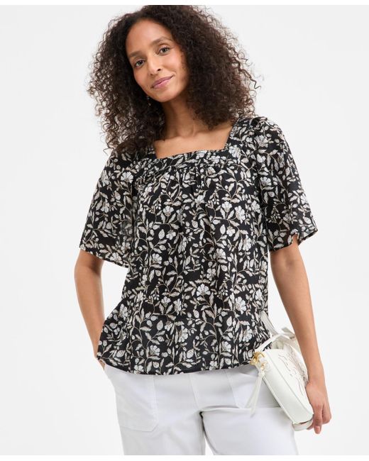 Style & Co. Gray Printed Cotton Square-neck Top
