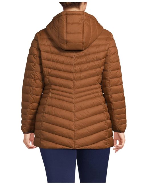 Lands' End Brown Plus Size Wanderweight Packable Down Hooded Long Jacket