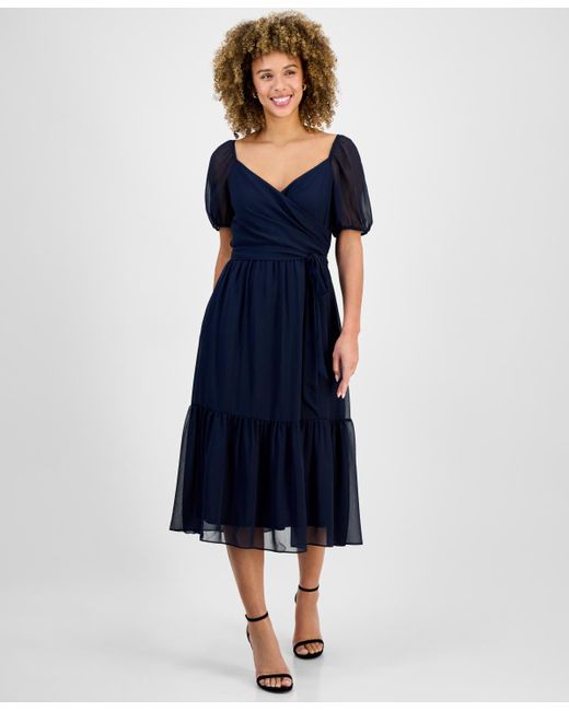 Julia Jordan Blue Puff-sleeve Belted Midi Dress