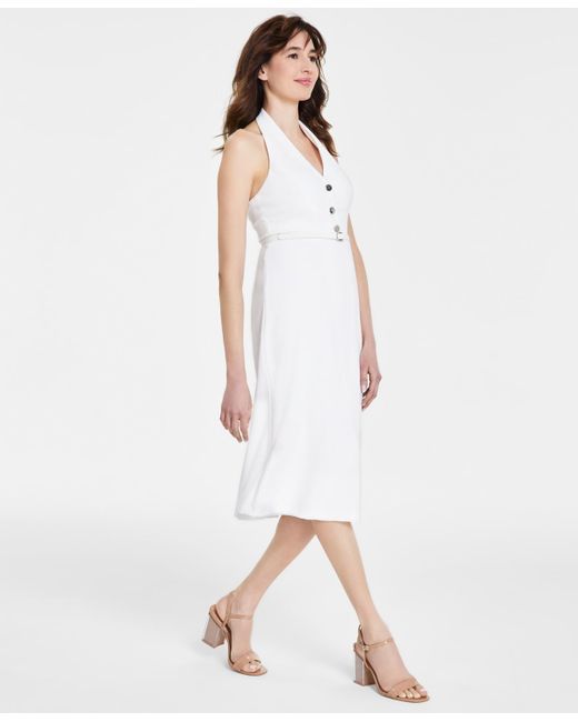 DKNY White Sleeveless Halter-neck Button-front Dress