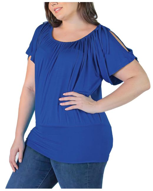 24seven Comfort Apparel Blue Plus Size Short Sleeve Split Shoulder Top