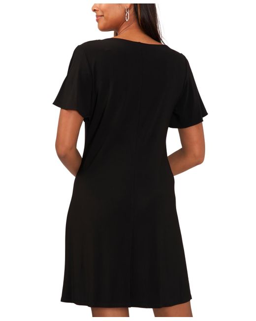 Msk Black V-neck Short-sleeve Embellished-hem Shift Dress