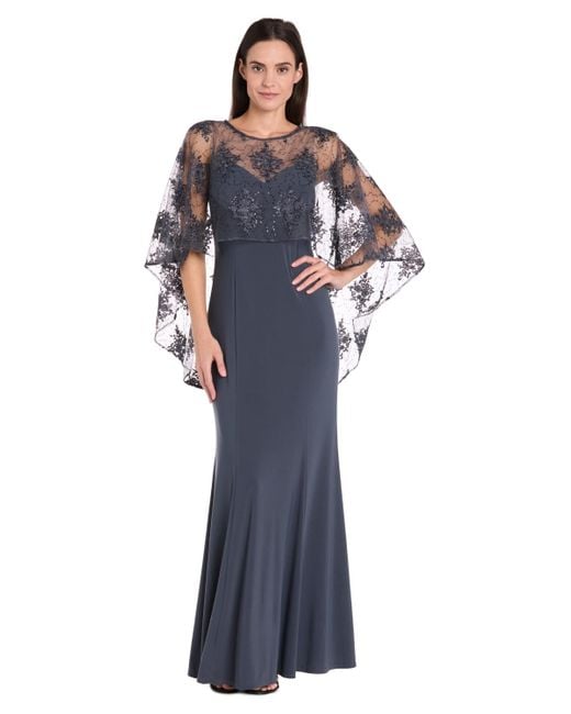R & M Richards Blue Embellished-capelet Gown