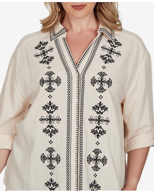 Ruby Rd Natural Plus Size Embroidered Gauze Button Front Top
