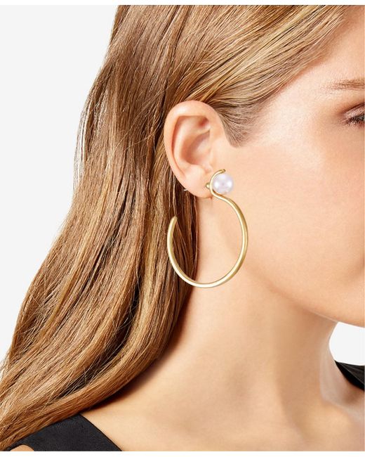 Tahari Metallic Tone Imitation Pearl Open Hoop Earrings