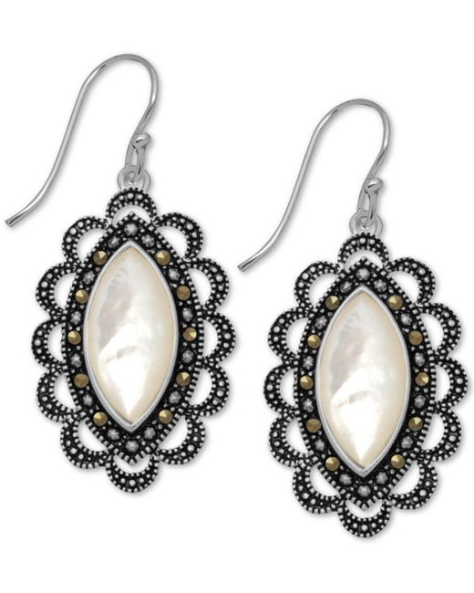 Macy's Metallic Marcasite & Mother-of-pearl Drop Earrings In Silver-plate