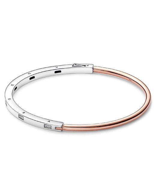 Pandora White Signature 14k Rose Gold-plated And Sterling Silver Two-tone I-d Pave Bangle Bracelet