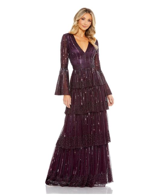 Mac Duggal Purple Embellished Bell Sleeve Tiered Gown