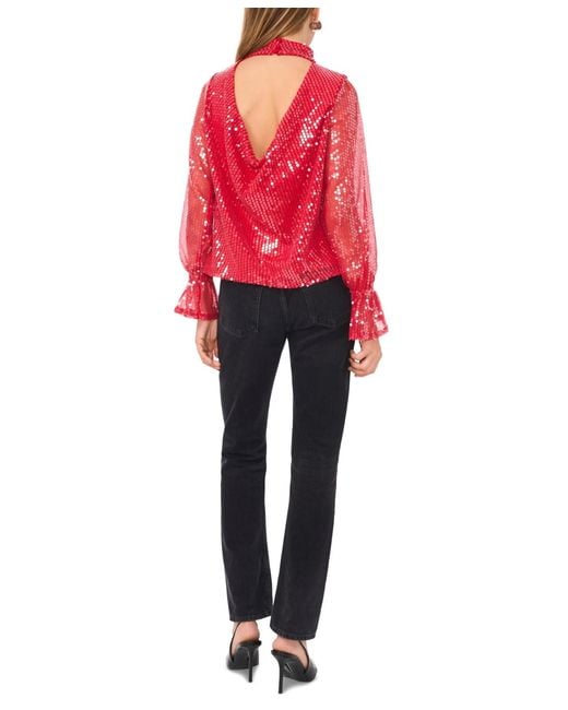 1.STATE Red Sequin Draped-back Mock-neck Top