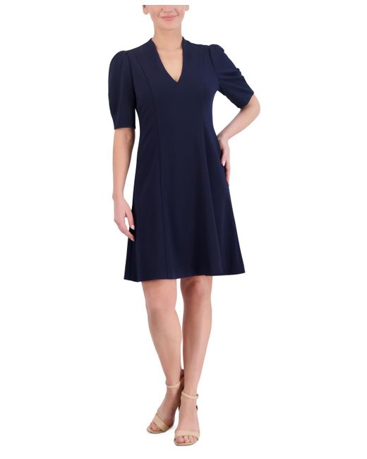 Jessica Howard Blue V-neck Short-sleeve Princess-seam A-line Dress
