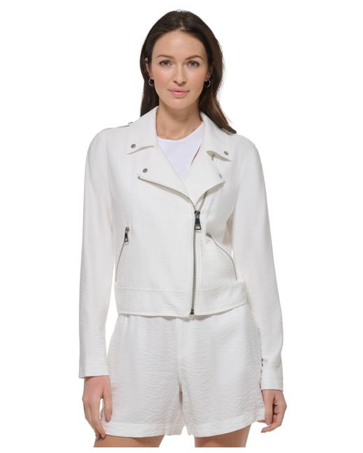 DKNY White Crinkled Asymmetric Front-zip Moto Jacket