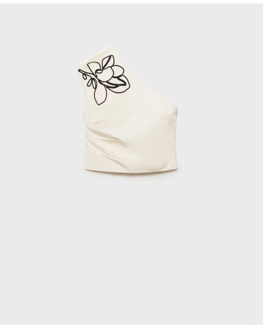 Mango White Asymmetrical Embroidered Floral Top