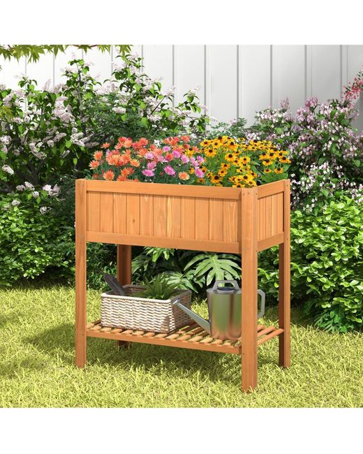 COSTWAY Brown Rectangle Wood Flower Planter Box Portable Raised Vegetable Patio