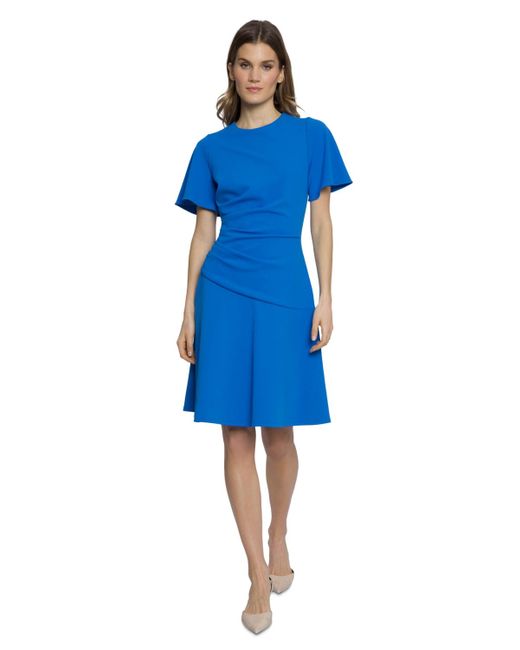 Maggy London Blue Flutter-sleeve Gathered Dress