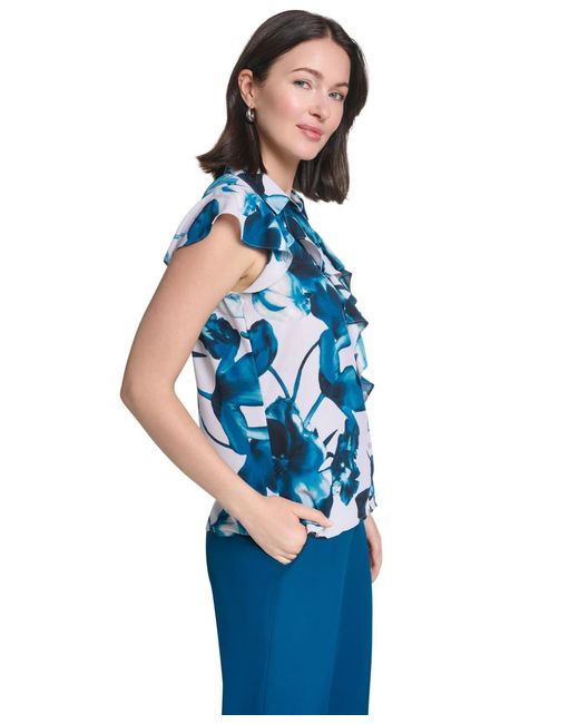 Calvin Klein Blue Ruffle Front Collared Blouse