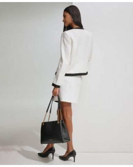 Karl Lagerfeld White Open Front Colorblock Tweed Blazer Sweater Knit Short Sleeve Top Colorblock Tweed Mini Skirt