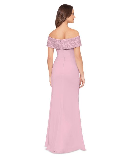 Betsy & Adam Pink Beaded Off-the-shoulder Gown