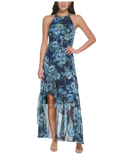 Vince Camuto Floral Chiffon Ruffled Halter Gown in Blue | Lyst