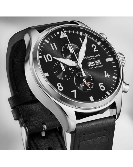 Stuhrling Black Navigator 4075 Men S 43mm Green Sunray Dial Brown Leather Strap Chronograph Quartz Watch for men